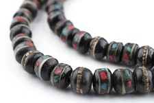 Black Inlaid Bone Mala Beads 10mm Nepal Round Large Hole 34 Inch Strand