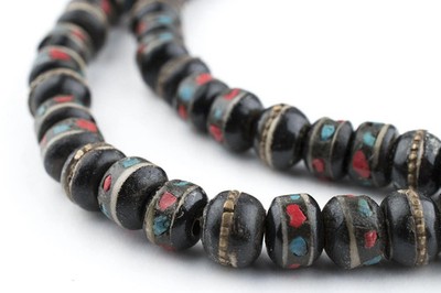 Black Inlaid  Bone Mala Beads 10mm Nepal Round Large Hole 34 Inch Strand