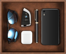 Valet Tray Desk Organizer, PU Leather Catchall Bedside Vanity Tray Nightstand Ca