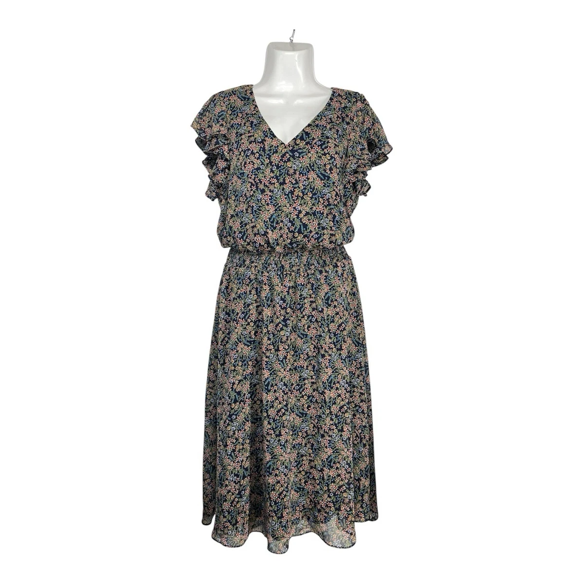 msk short sleeve floral midi fit + flare dress Storia Blue Floral Puff Sleeve Midi Dress Medium main image 0