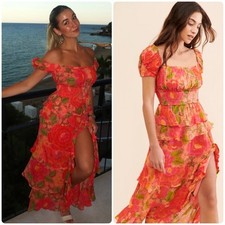 Farm Rio Dress Blooming Floral Ruffle Tiered Layered Slit Maxi Red Orange Sz XS