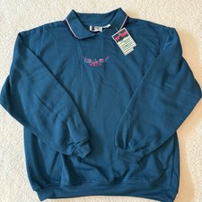 NWT VTG 90s Granny Core Collared Sweatshirt Sweater Embroidered Floral Sz M Teal