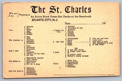 Postcard 1940s St. Charles Hotel AC, NJ Fill-in-Blank Ad