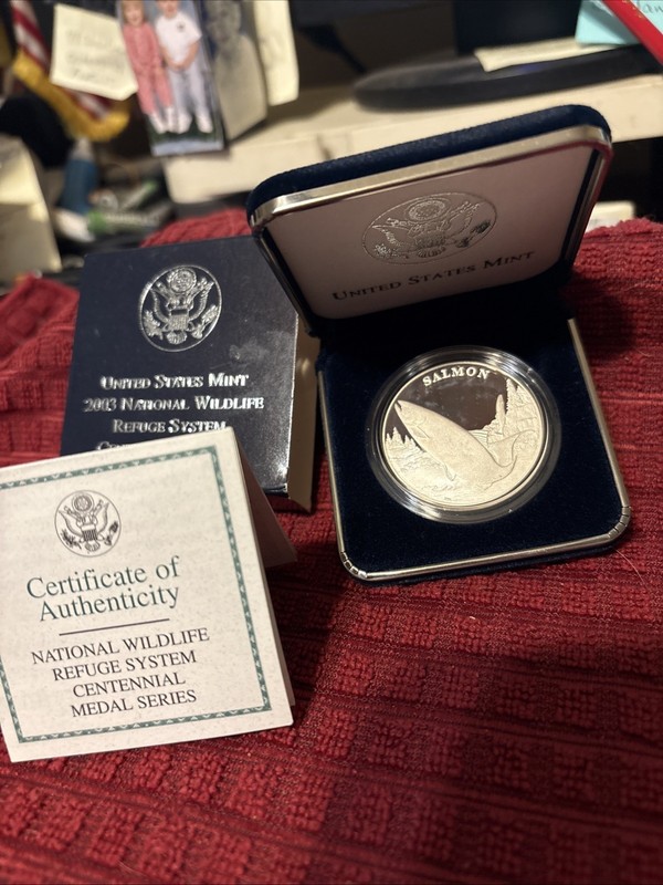 US Mint 2003 Natl Wildlife Refuge System Centennial Medal Silver Coins Salmon