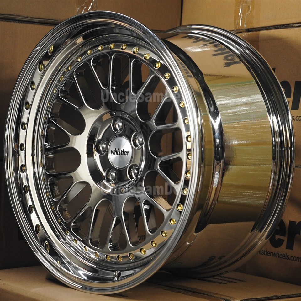 STAGGERED 5x114.3 18x9.5 18x10.5 WHISTLER SK1 CHROME MESH GOLD RIVET ...