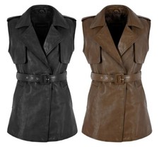 Women Leather Designer Vest Belted Lambskin Leather Collared Long Waistcoat 7424