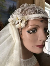 Vintage Antique 1900’s Ethereal Floral Wedding Cap Hat Lace Trim Wedding Veil