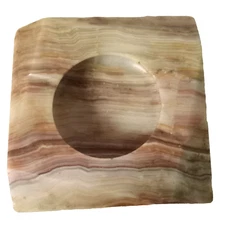 Vtg Banded Onyx Stone Ashtray Candle Holder MCM Orange Red Green Unique Shape