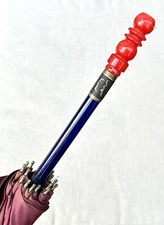 Vintage Antique Ladies Silk Nylon Tent Red Blue Plastic Handle Parasol Umbrella