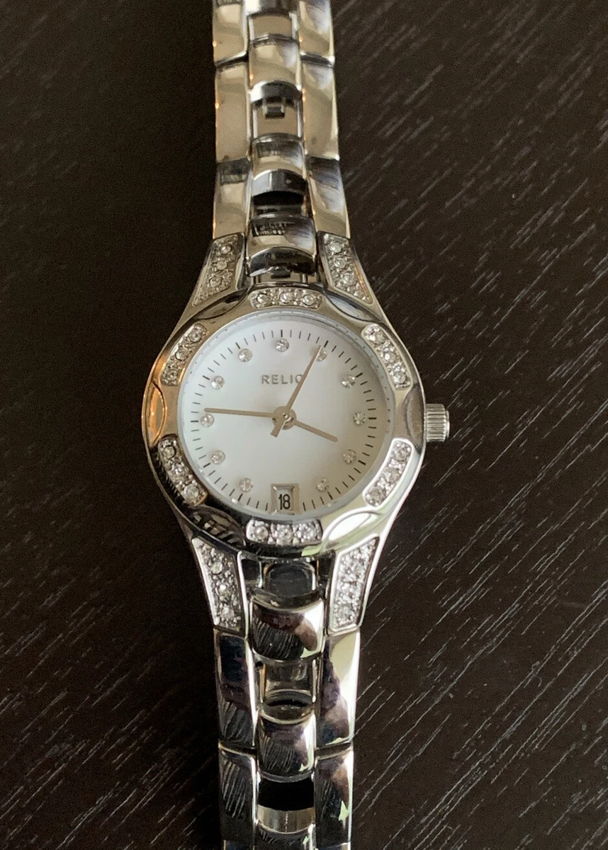 Relic Stainless Steel Diamond Bezel 25mm Women s Quartz Watch White Dial New
