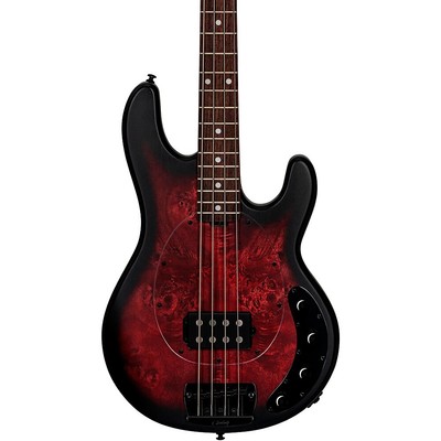 Sterling by Music Man StingRay RAY34 Poplar Burl Top Bass Dark Scarlet Burst Sat