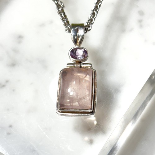 Sterling Silver 925 Pink Moonstone Amethyst Swivel Pendant Necklace 18” L Signed - 第 3/9 張圖片