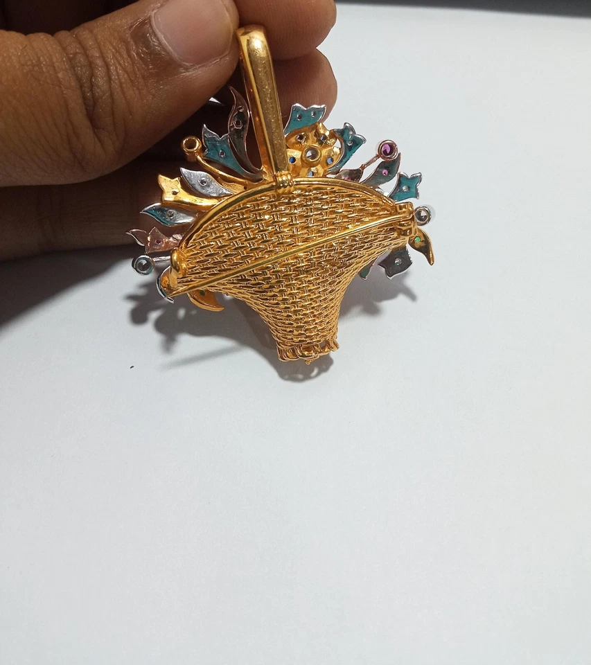 Lab Created Ruby 3Ct Round Cut Flower Basket Brooch Pin 14K Two Tone Gold Plated - Image 3 of 4