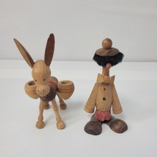 Juego de candelabros y estatuillas Beatnik de burro de madera de colección decoración de arte popular rústico MCM