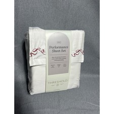 Threshold King Performance Sheet Set 400TC White Red Embroidered Bows 4pc Cotton