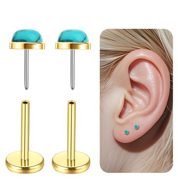 G23 Titanium Threadless Flat Back Earrings Studs 14K Gold Cartilage Push in S...