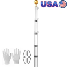 20FT Extendable Aluminum Alloy Flagpole Kit W/ 3x5 American Flag Outdoor Display