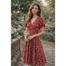 Max Studio Red Floral Ditsy V-Neck Ruffle Sleeve Midi Dress Womens XS Romantic