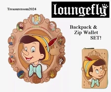 LOUNGEFLY Disney Pinocchio Wood Frame Mini Backpack & Wallet SET! NEW!