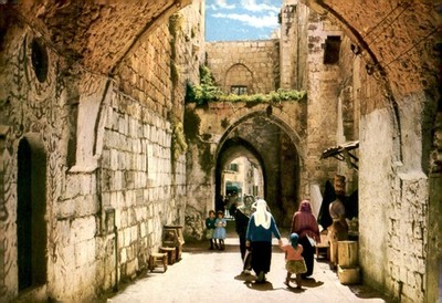 Jerusalem, Old City, streets, shops, cobblestone, architecture, Postcard