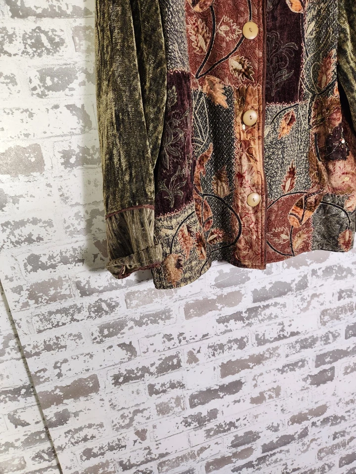 Винтажный флэшбэк лоскутное одеяло богемное куртка размер большой бархат зеленый осени мотив - Изображение 4 из 4