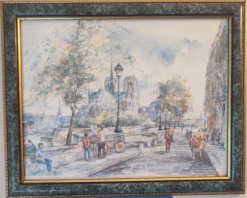 Paris L'Ile Saint Louis Et Notre Dame von Legai gerahmtes Aquarell Gemälde
