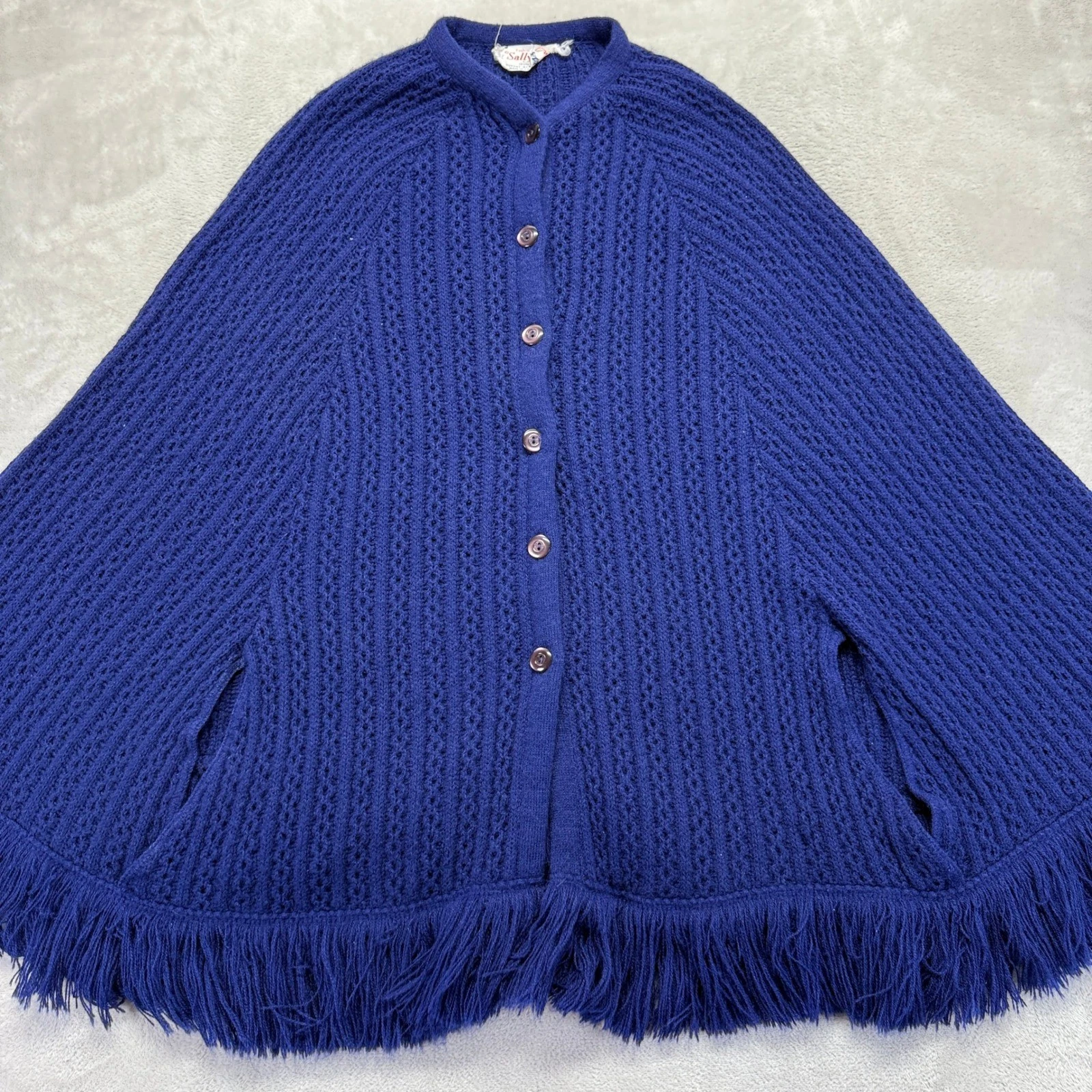 Vintage 70's Sally Gee Jacket Women's Boho Cape Poncho Fringe Hem Blue Acrylic