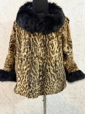 Vintage Leopard Print Fur Coat with Black Fox Collar  Cuffs Statement Luxury Ja