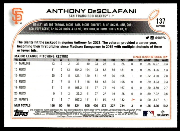 2022 Topps Chrome Sapphire Edition #137 Anthony DeSclafani - Image 2 of 2