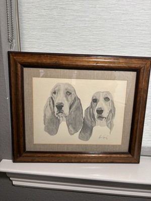 VTG 1979 Framed Signed Basset Hound Dog Pencil Portrait Drawing 11.5  W X 8.5  T