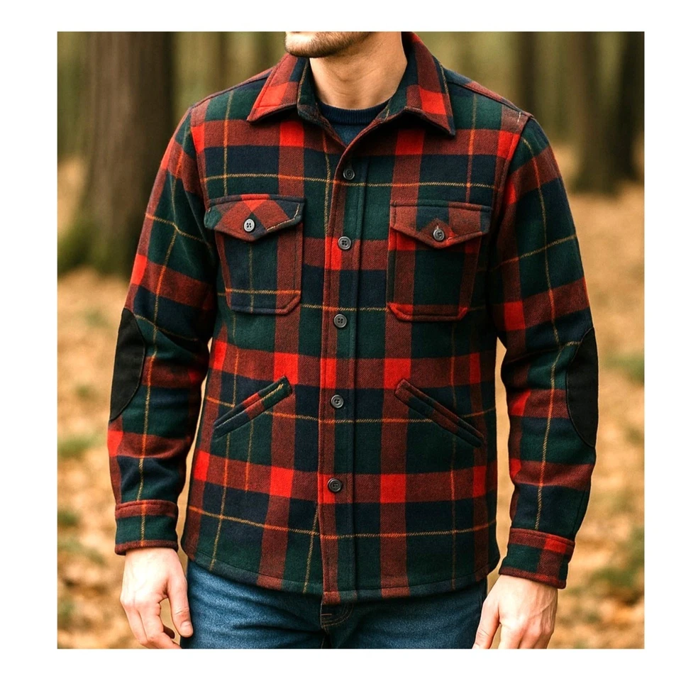 Pendleton Wool Jacket Men's M Red Green Plaid Elbow Patches Wool USA vintage CPO - Image 2 of 4