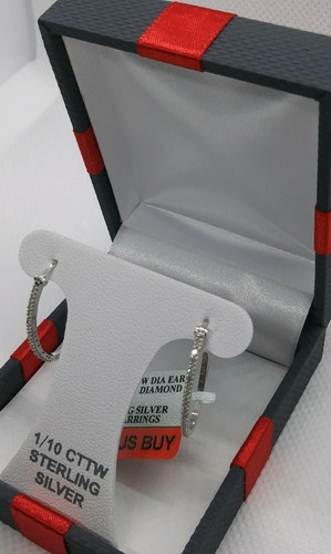 Genuine 1/10 CTTW Diamond Sterling Silver Slim Hoop Earrings 23mm Ear Rings Set - Picture 6 of 11