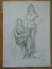 Vintage Painting Portrait Socialist realism woman pencil Impressionism 