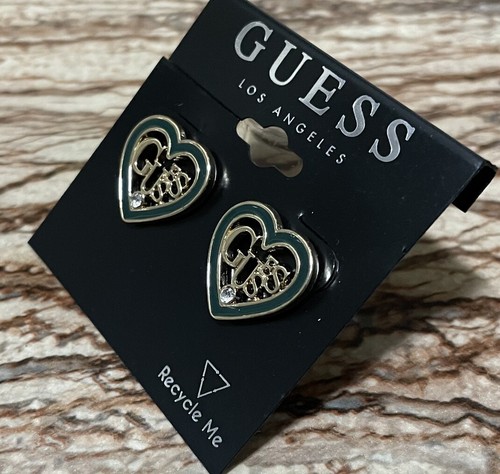 Guess Jewelry Gold Stud Earrings Heart Shape Emerald Green Enamel - Picture 3 of 7