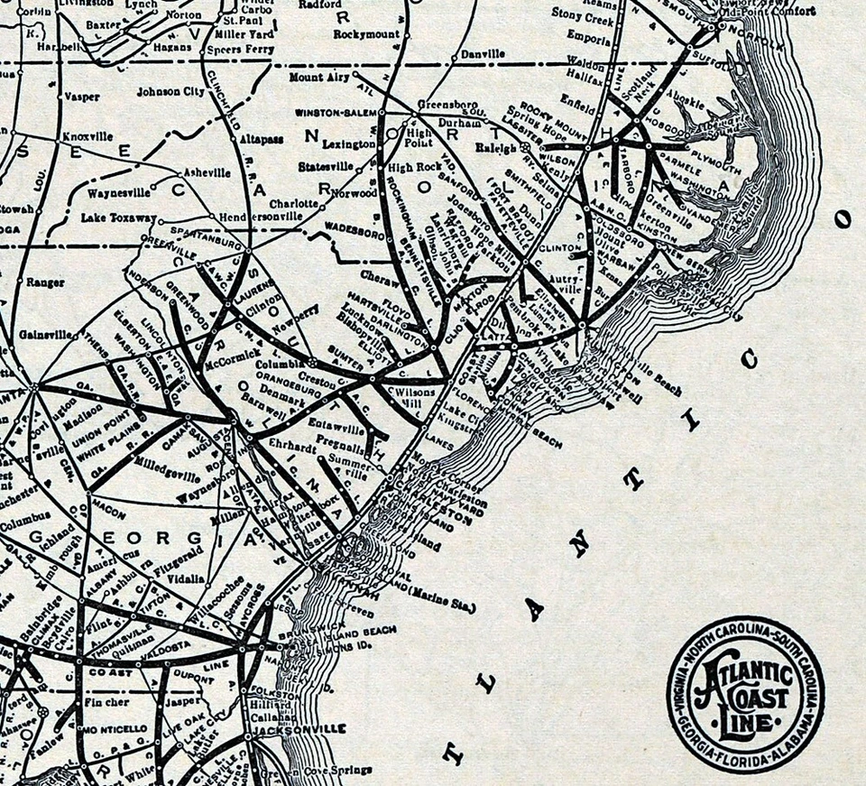 Mapa ferroviario Poole Bros 1936 Atlantic Coast Line Virginia Florida GA NC SC RR Foto 3 de 3