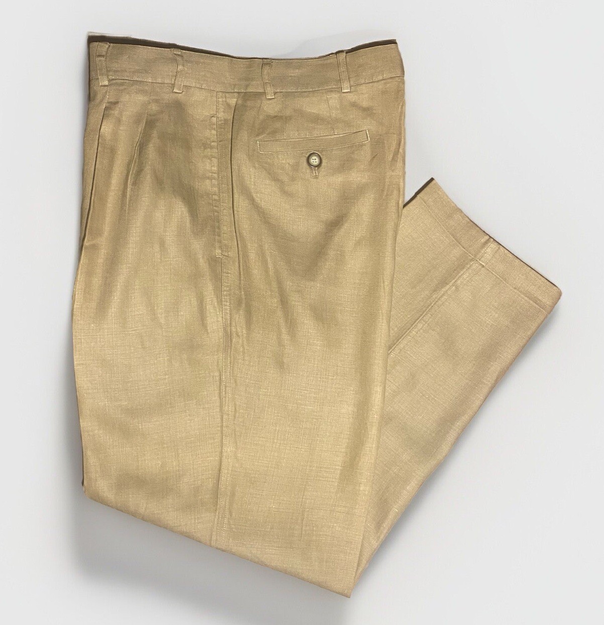 Le Collezioni Structure Mens Pants Sz 36R Brown Pleated Slacks 100% Linen Cuffed