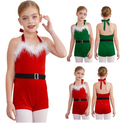 Girls Christmas Halter Velvet Bodysuit Gym Ballet Dance Santa Claus Leotard