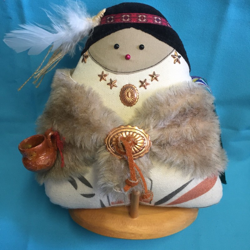Vintage fabric Artist Wini Doll By Sue Malinski Signed with Stand