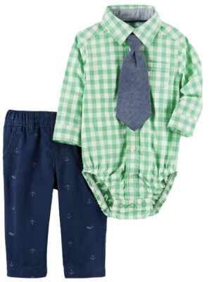 Boys Dress me up Set Green Plaid Bodysuit, Anchor print Pants