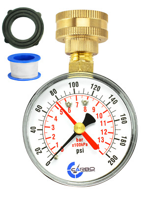 CARBO Instruments 2-1/2'' Water Pressure Test Gauge 200 psi,  3/4'' Female Hose 
