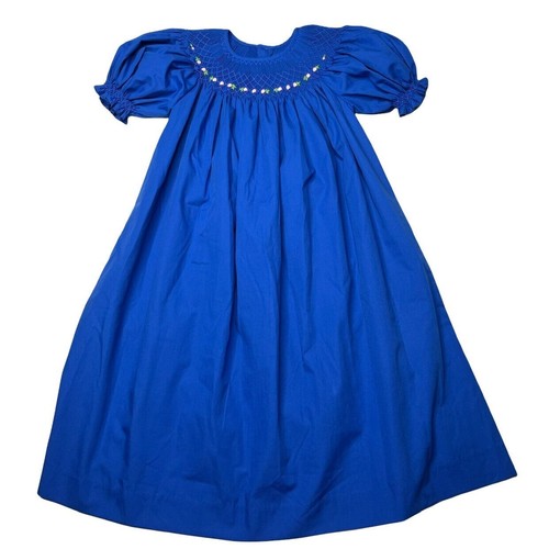 Mom & Me Bishop Dress Girls Cobalt Blue Floral Embroidered Puff Sleeve Size 4