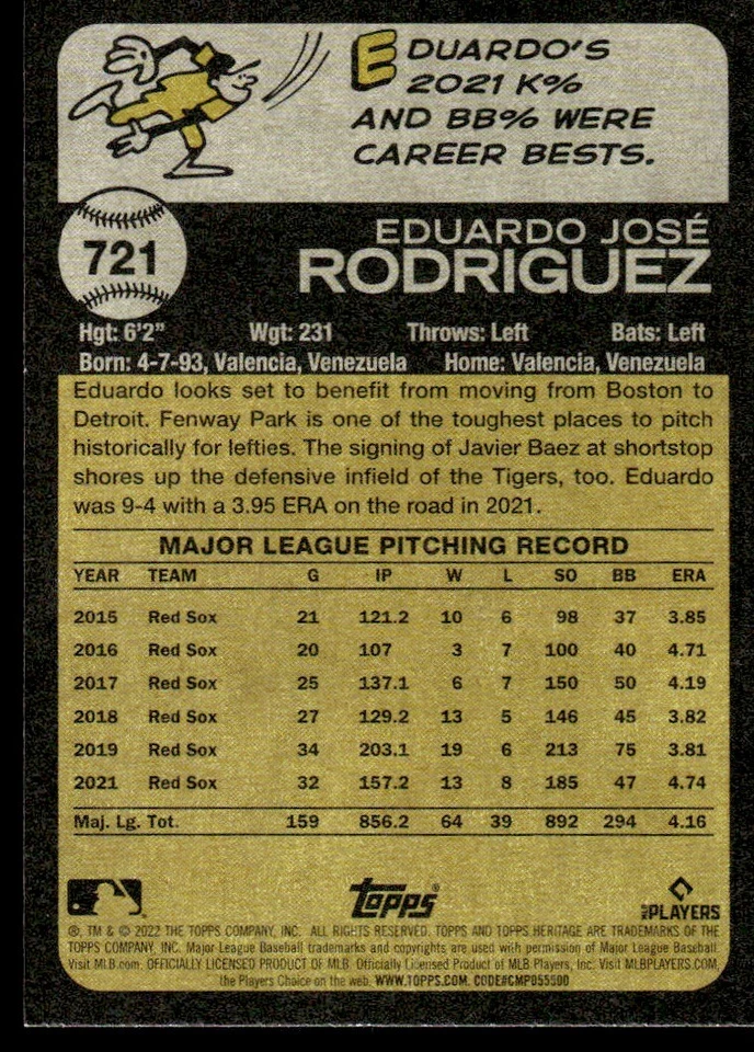 2022 Topps Heritage High Number Eduardo Rodriguez Detroit Tigers #721 R175 - Image 2 of 2