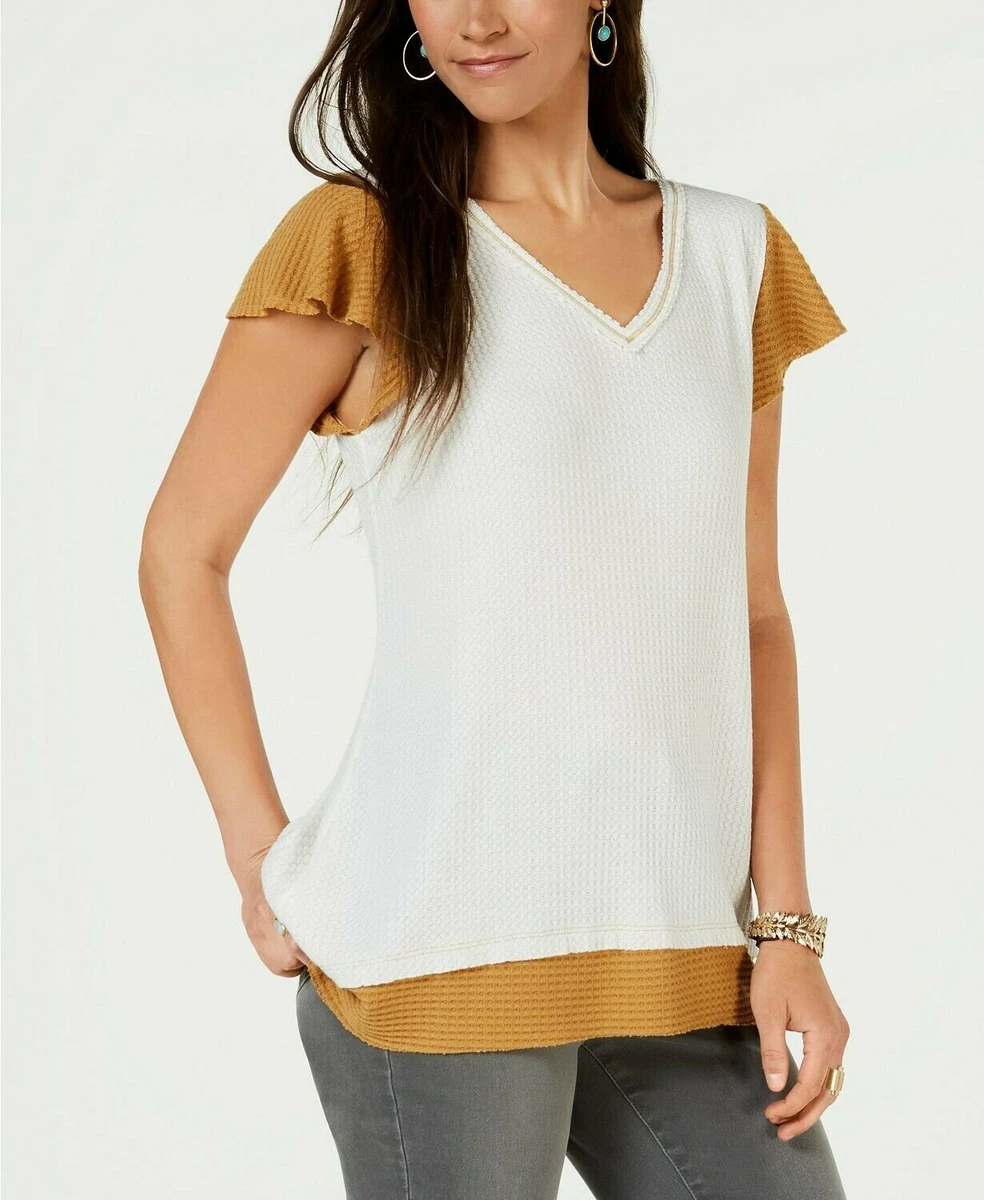 NEW Style & Co Women's Short Sleeve V-Neck Layered Waffle-Knit Top Size XL