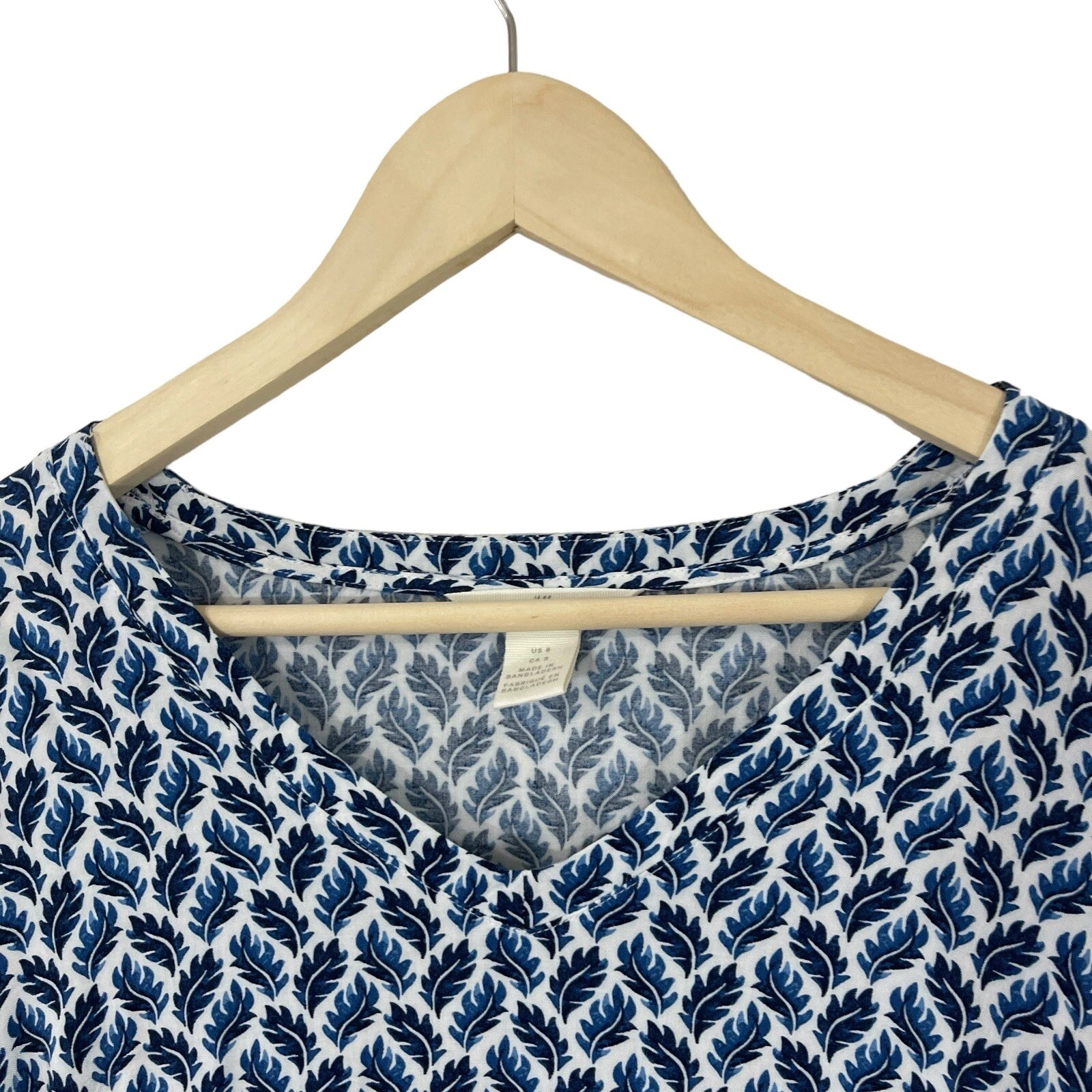 VETEMENTS H&M 8 Vestito Pullover Manica Corta Blu Bianco Foglia Scollo a V Lunghezza Ginocchio Donna