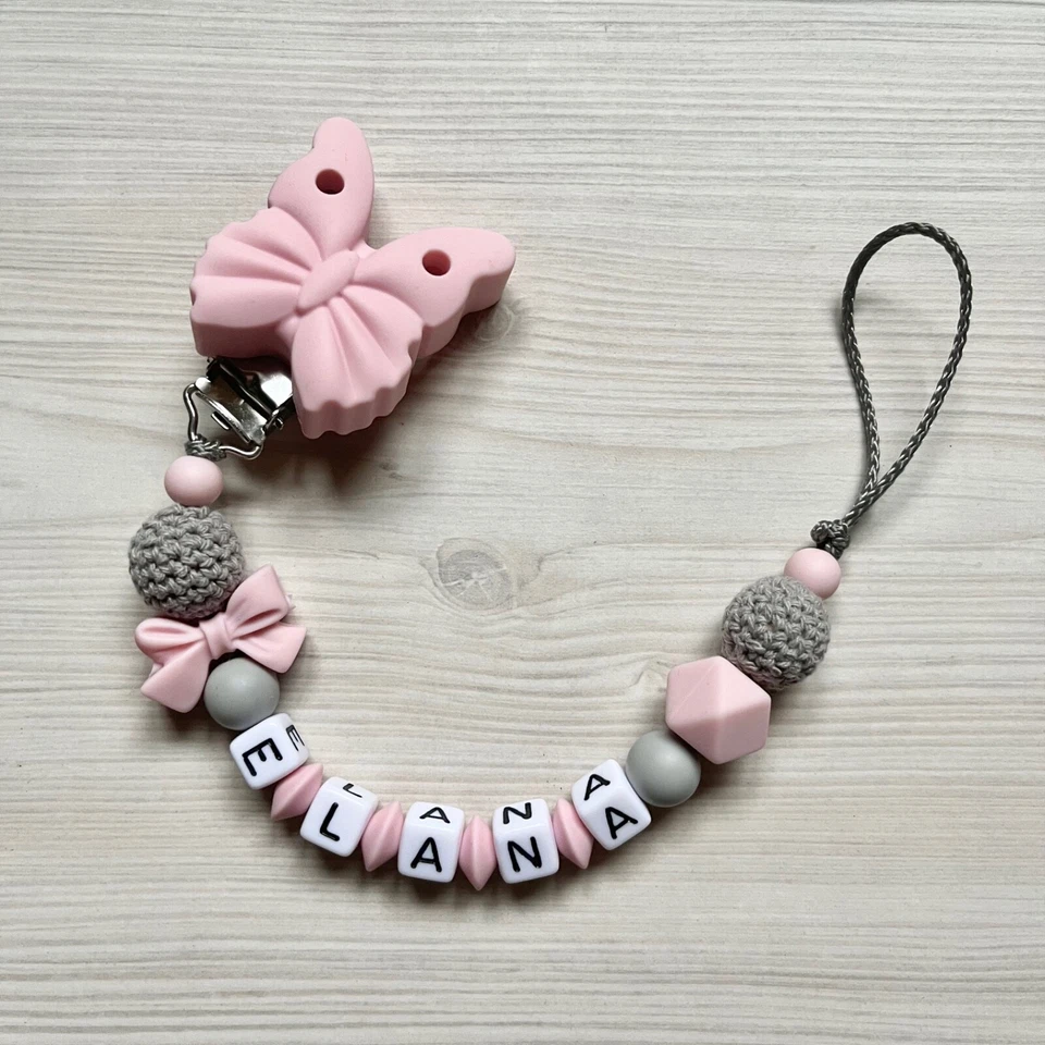 HANDGEFERTIGT Schnullerkette Nuckelkette mit Namen Mädchen Silikon rosa grau personalisiert