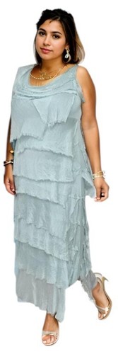 Women's Dress Maxi Silk Party Italian Shredded Layer Sleeveless Plain Pleated - Picture 11 of 32
