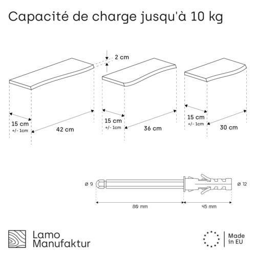 LAMO Manufaktur SET 1 Wandregale aus Holz mit unsichtbarer Befestigung 42/36/30cm - Bild 6 von 11