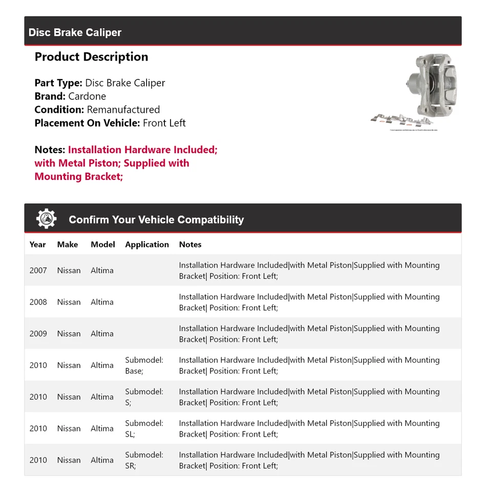 Pinza de freno de disco delantera izquierda cardone 2008 2009 para Nissan Altima 2007-2010 Foto 2 de 4