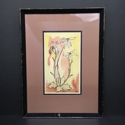 Autumn Lilies Original Watercolor Pen and Ink Signed NR Minimalist Matted Framed