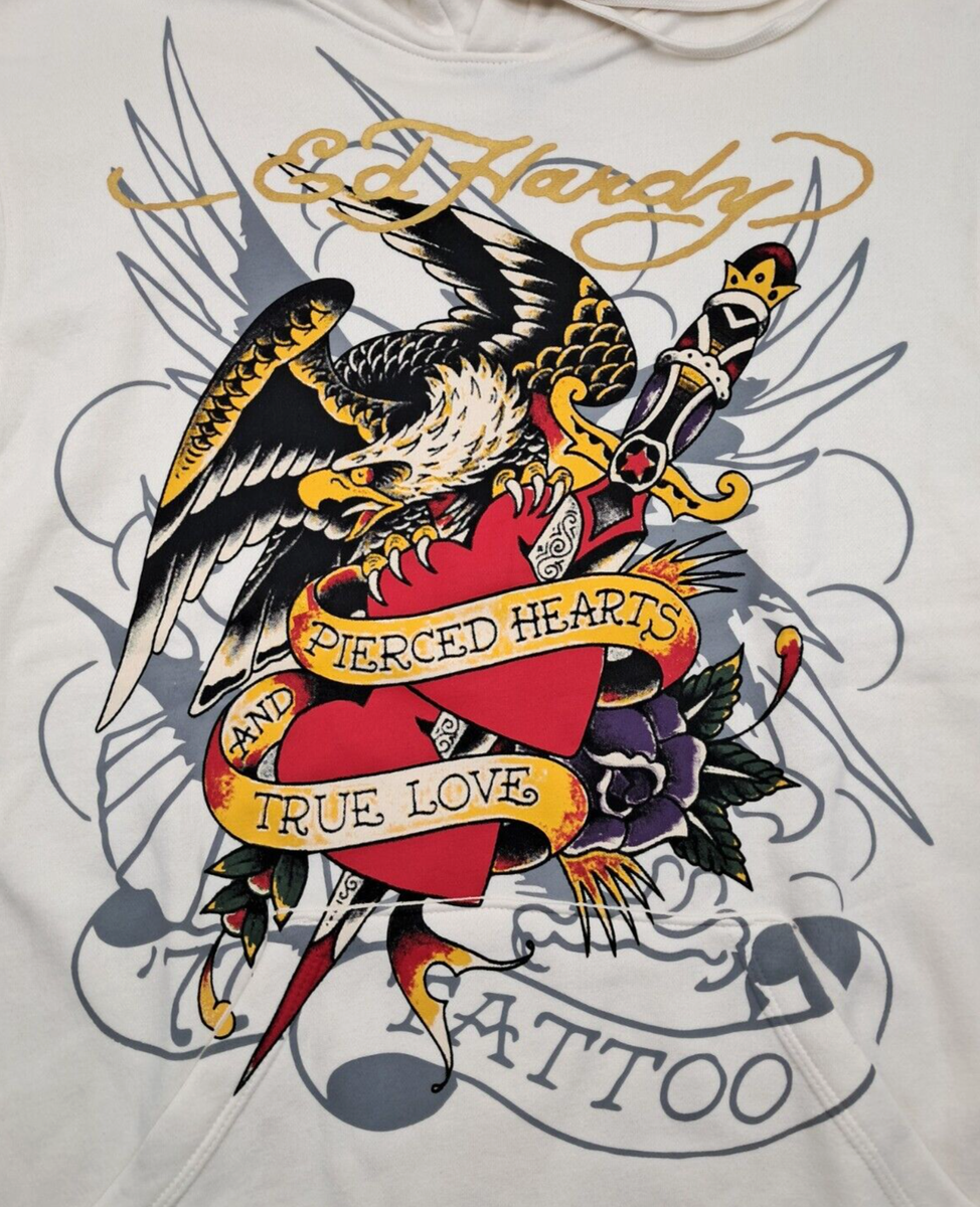 Ed Hardy Double Sided Graphic Hoodie Mens L Pierced Hearts Tattoo